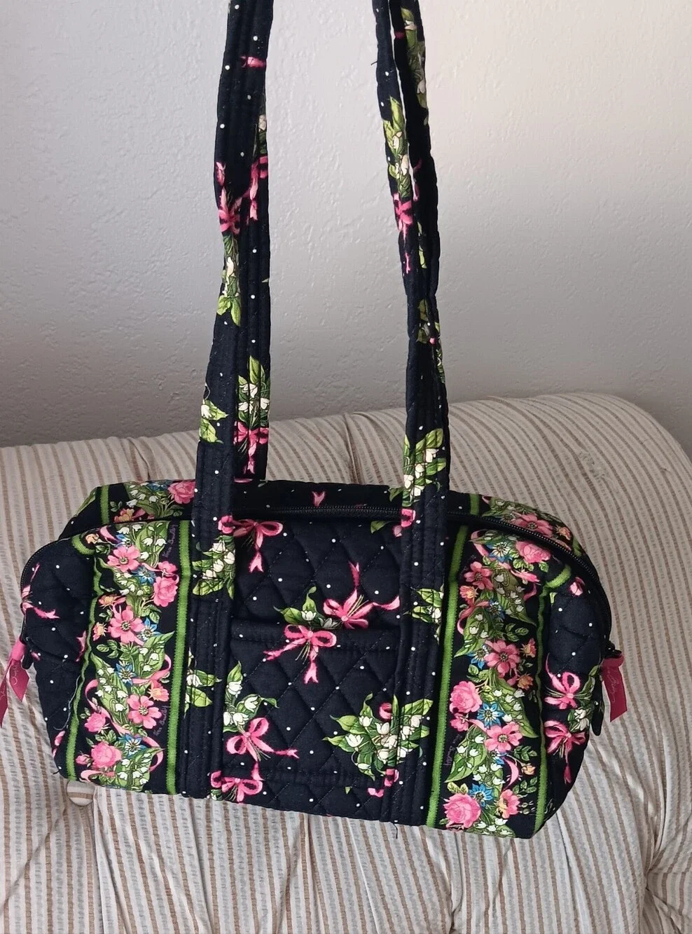 Quilted Floral Mini Tote Bag in Black and Pink